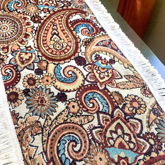 71" Woven Earthy Rustic Boho Warm Tones Jacquard Paisley Fringed Table Runner - Picture 5 of 8